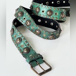 Vintage Sand Castle New York Green Metallic Leather Studded Embellished Belt